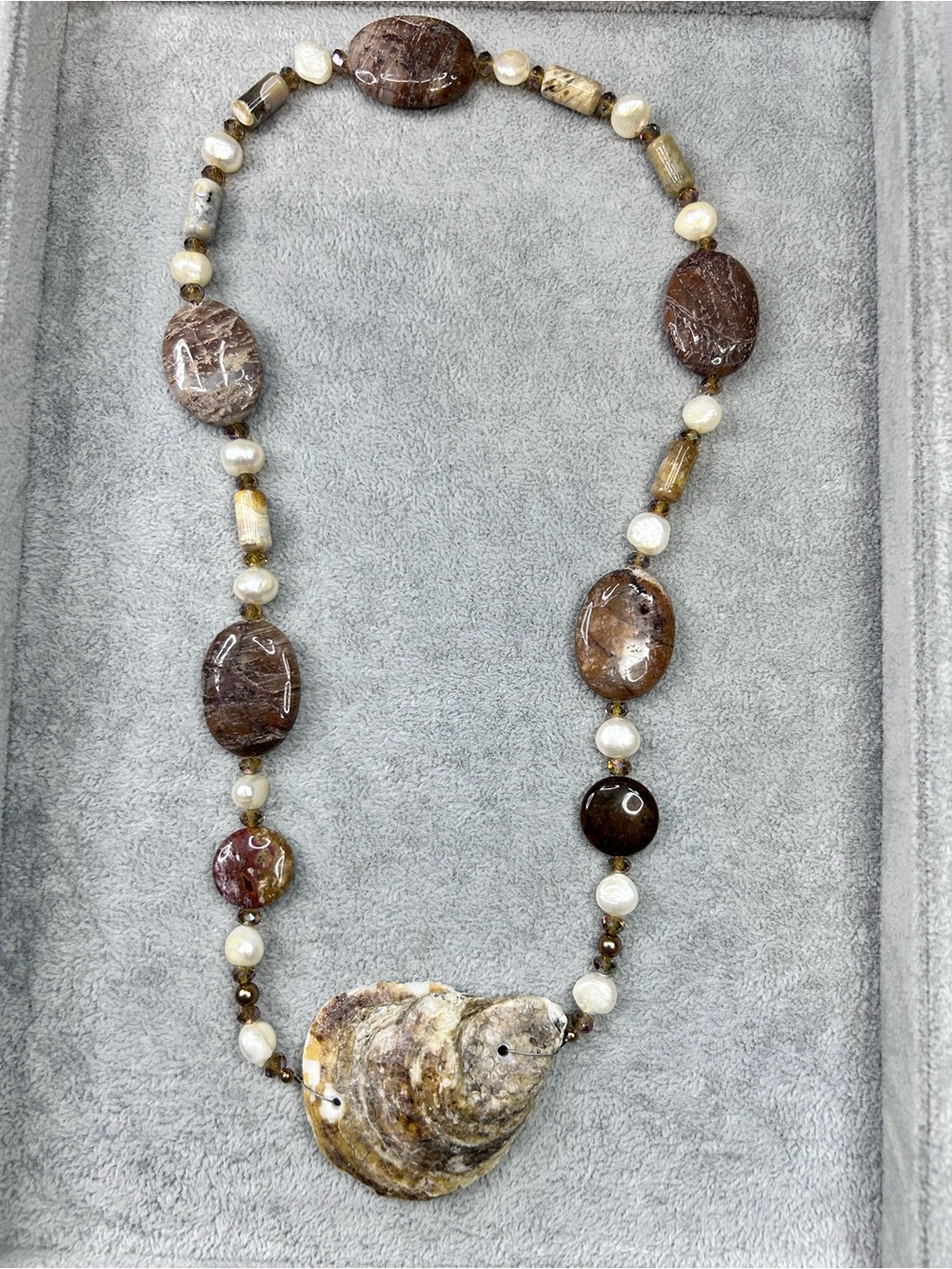 Natural Brown Semi Precious Stone & Genuine Pearl Necklace with a shell pendant
